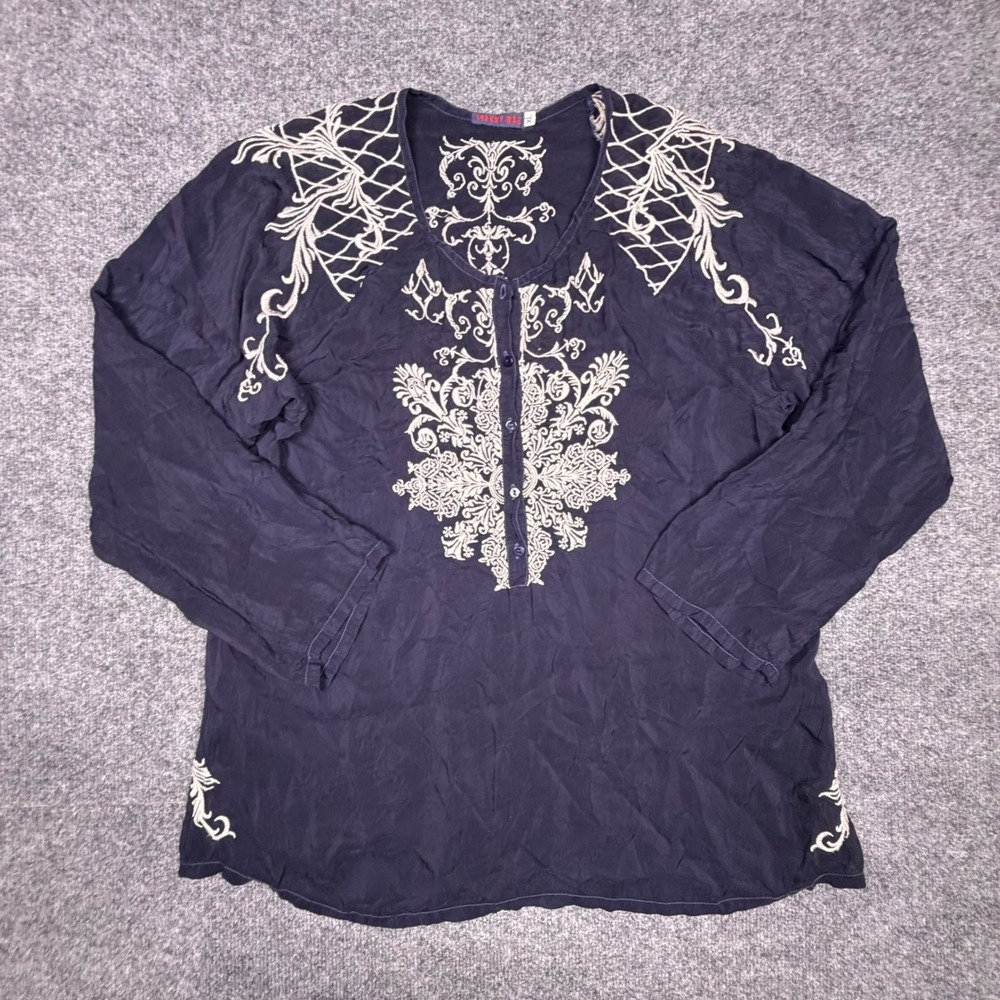 Johnny Was Navy Blue Embroidered Cupra Rayon Boho Blouse XL